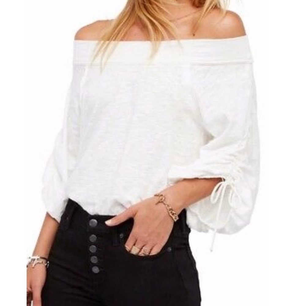 Free People Boho White Off The Shoulder Cinched Tie Quarter Sleeve Blouse Top